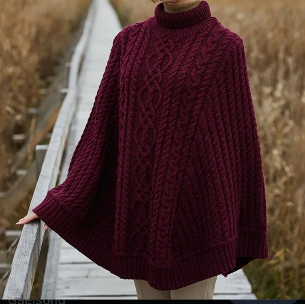 Elegant Cable Knit Poncho in Burgundy